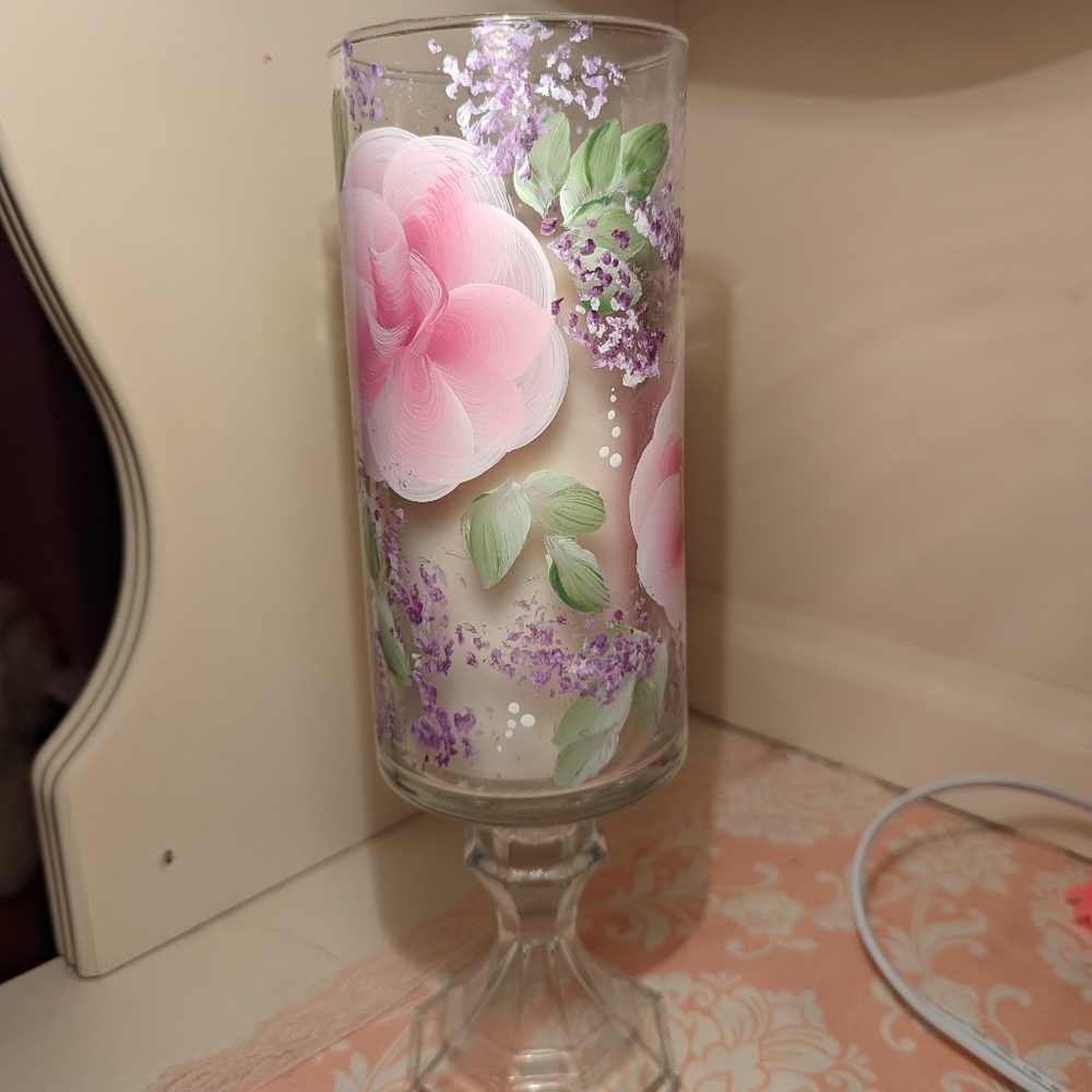 Hand Painted Rose Floral Candle + Candle Holder